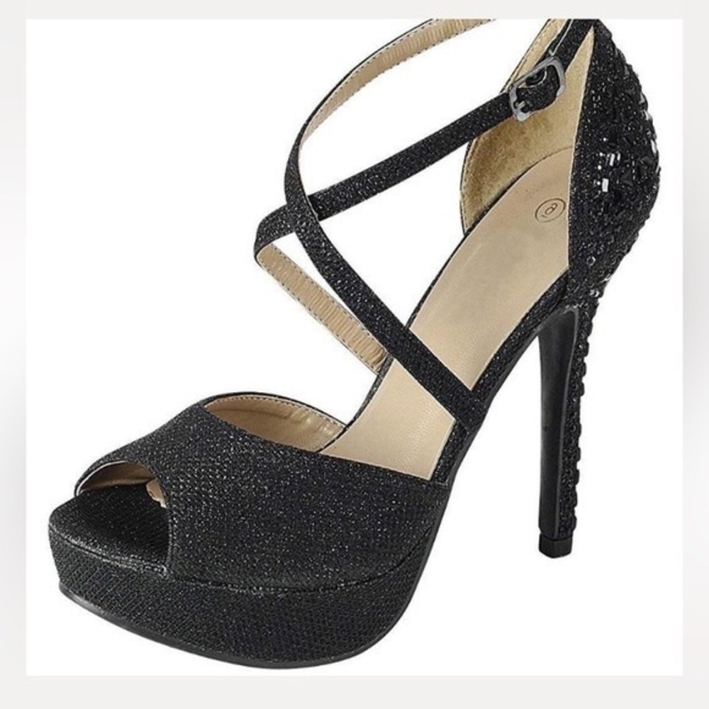 Delicacy Glittery Black Strappy Heels